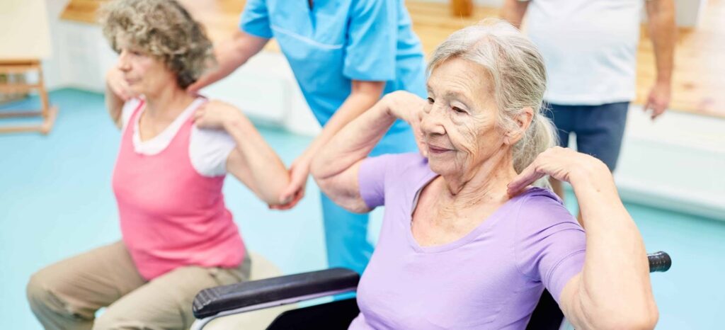 residents doing exercises and physical therapy