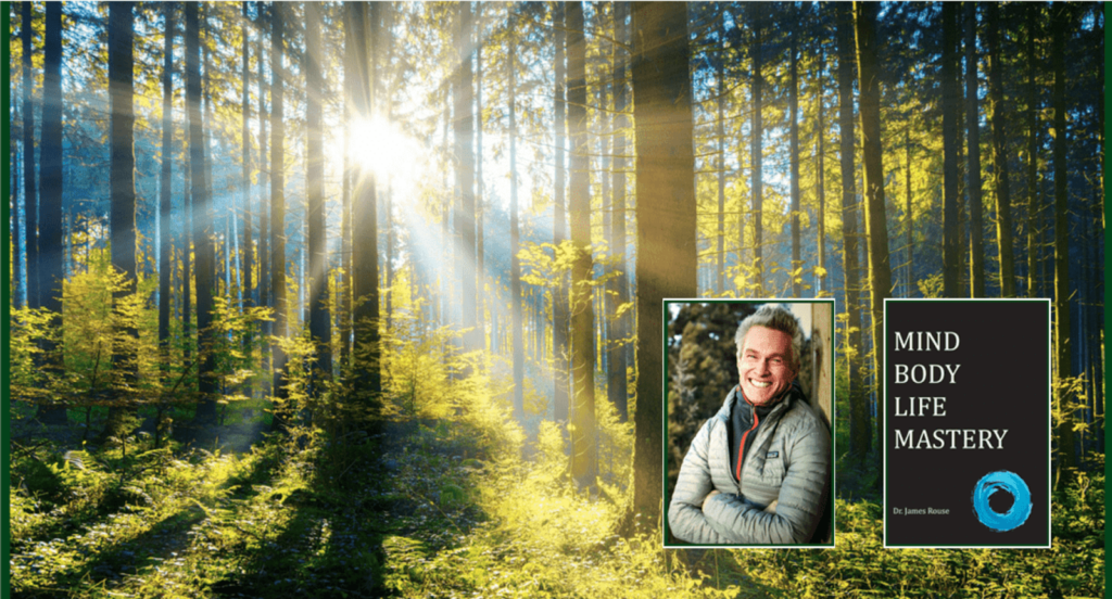 woods scene and Dr. James Rouse headshot and his book