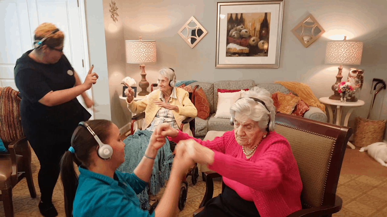 Kensington assisted living Residents Dance during silent disco with eversound