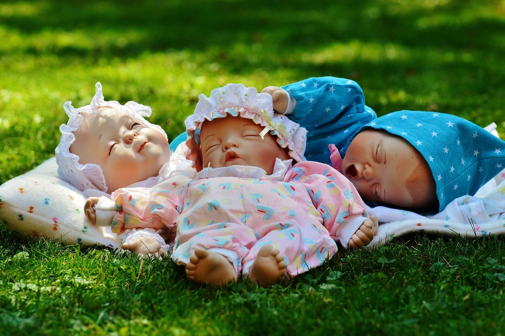 cute baby dolls laying on green grass lawn