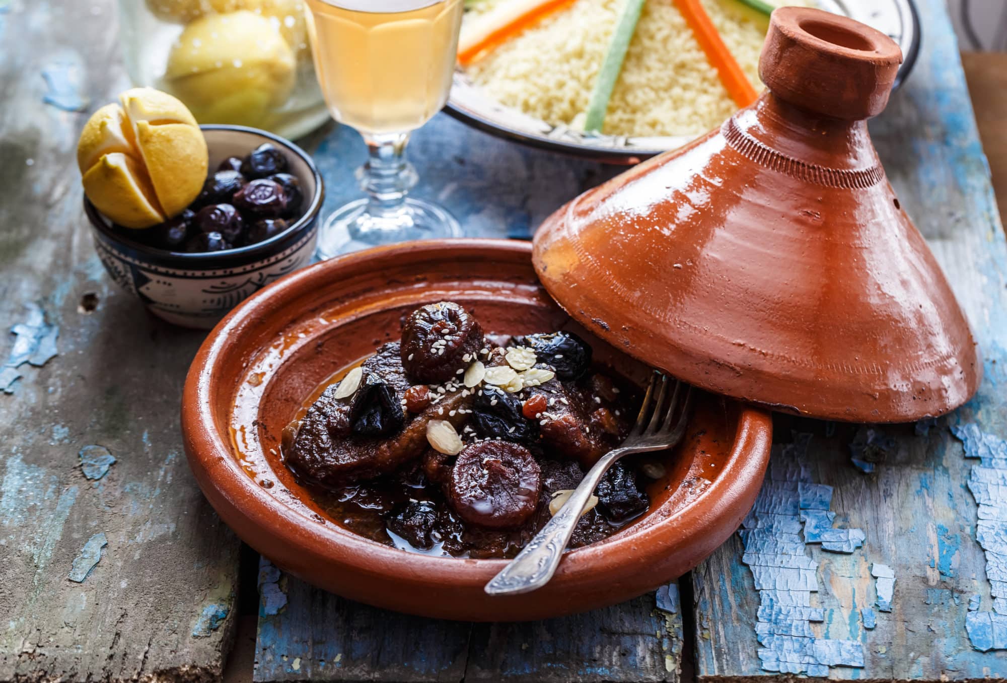 Slow cooked beef with prunes, figs, raisins and almonds - moroccan tajine