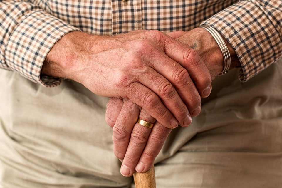 seniors hands holding a cane